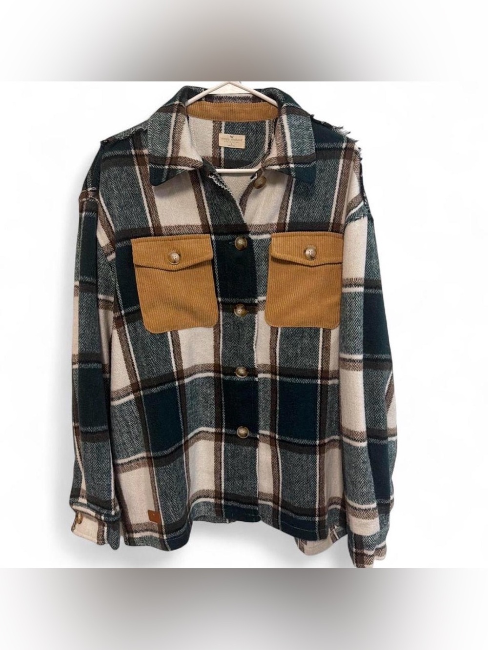 Simply southern Yosemite Plaid Button-Up Shacket with Tan Patch Pockets